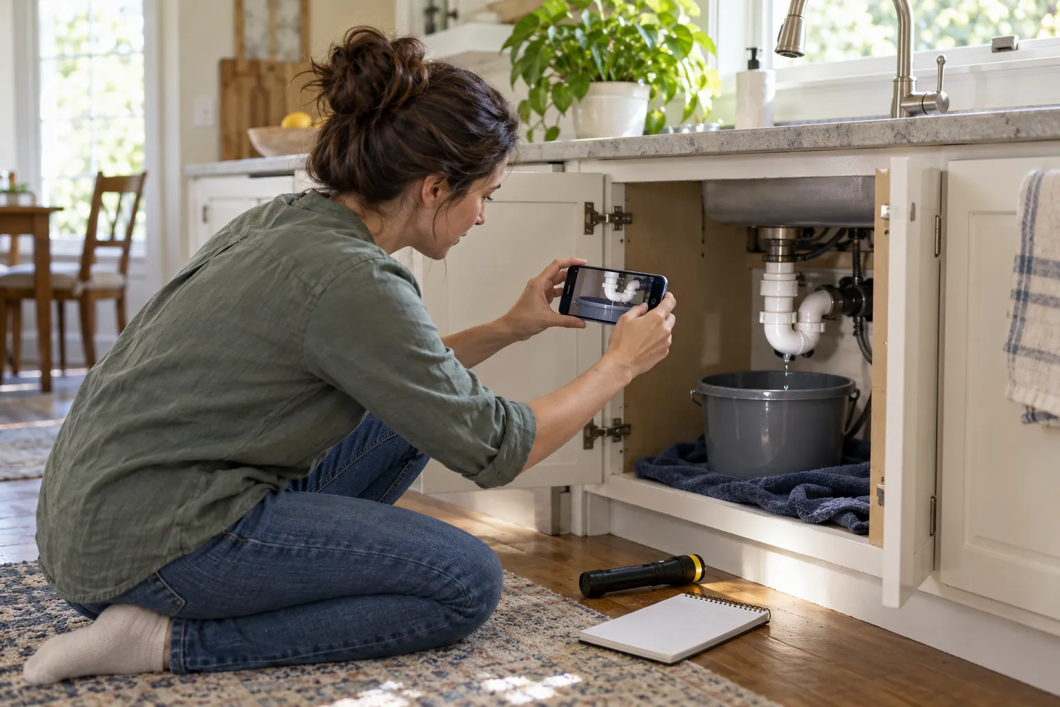 Homeowner in Kansas City photographing a leaking pipe under a kitchen sink before calling a provider