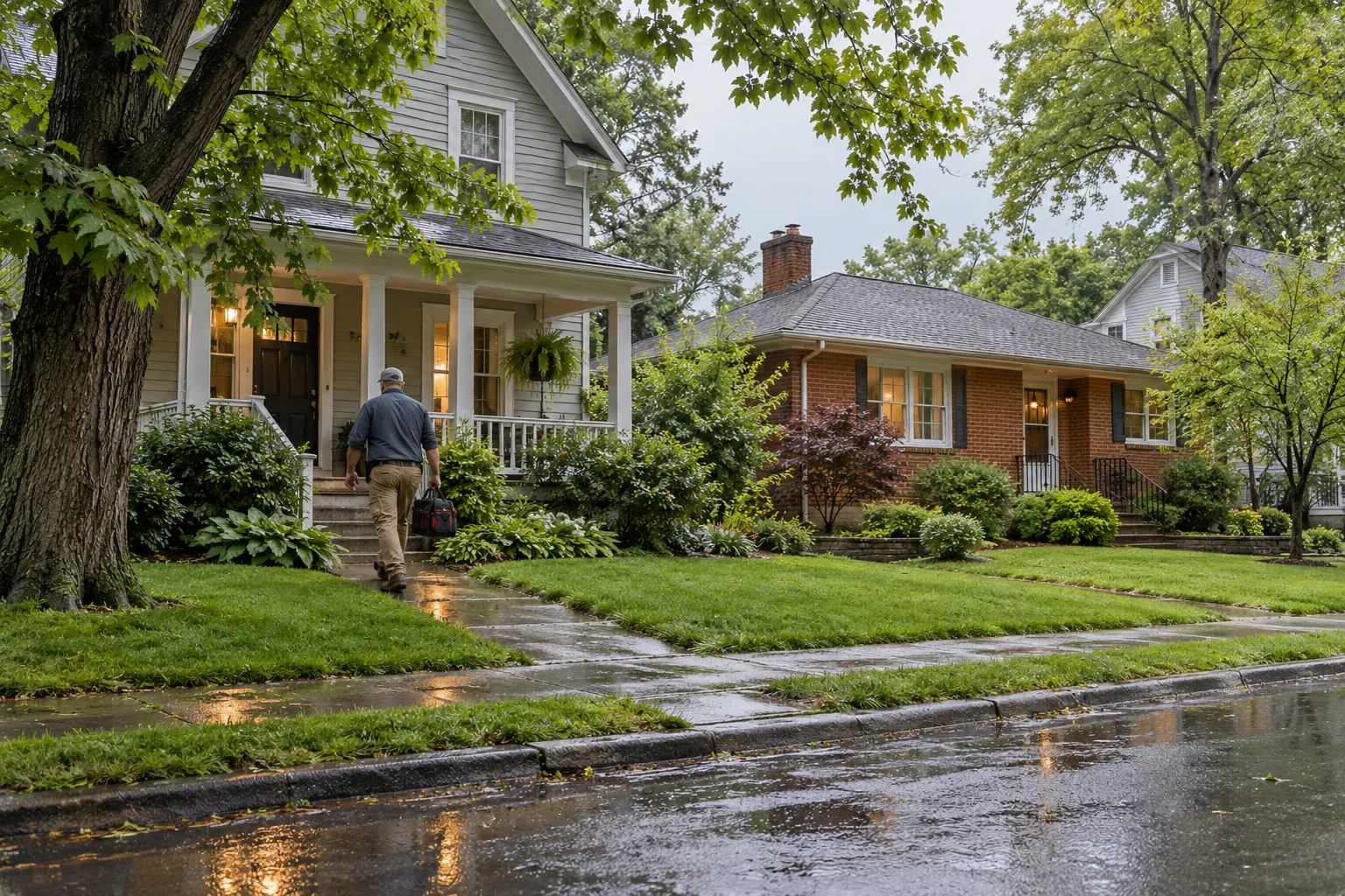 Frame house on a quiet street in Kansas City with a plumbing van parked outside